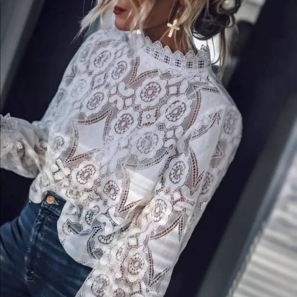 lace scalloped edge high neck long sleeve sheer to - Picture 7 of 9